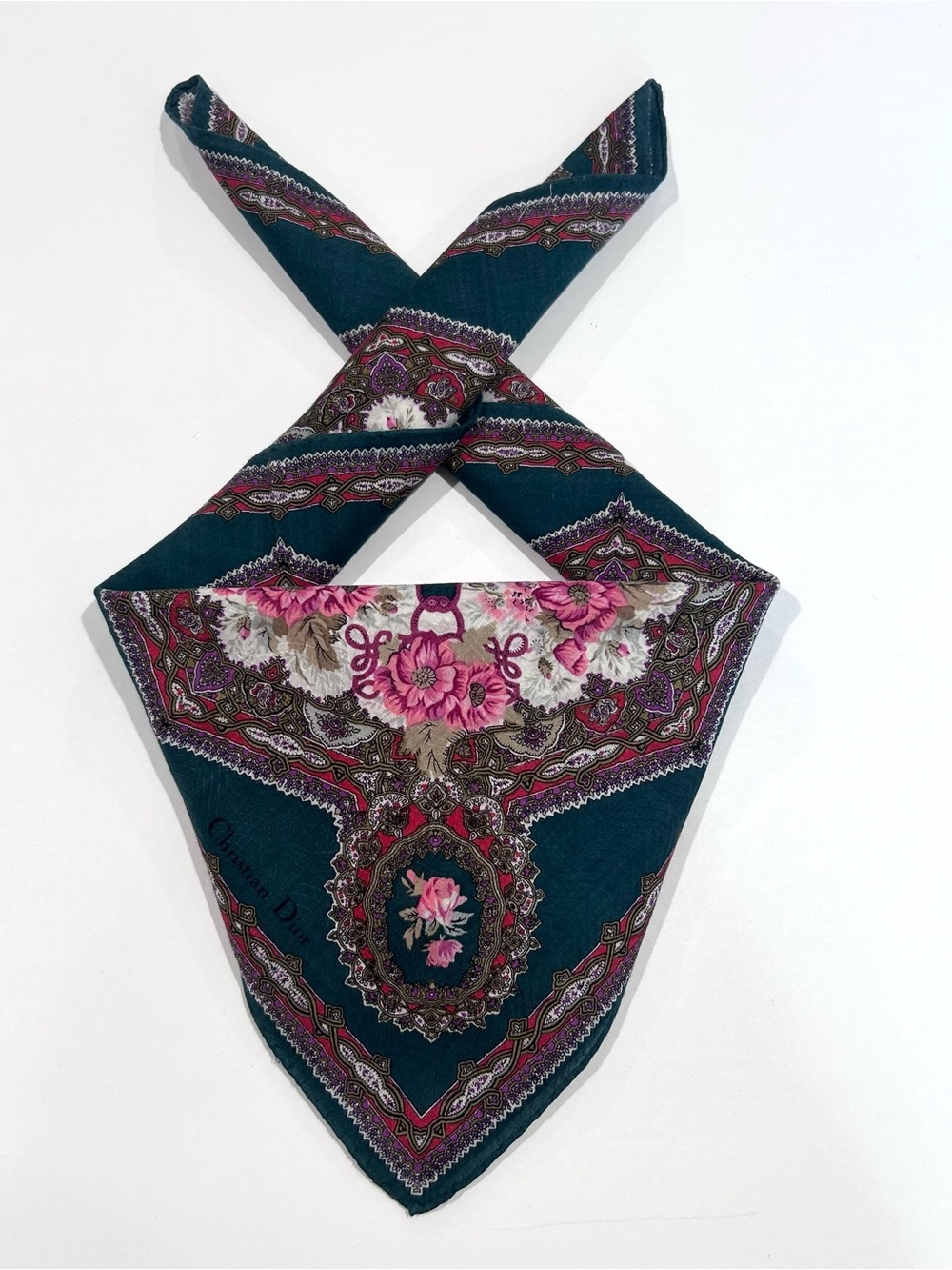 WOMEN HANDKERCHIEF CHRISTIAN DIOR Floral Green Pink Bandana Scarf COTTON 20”
